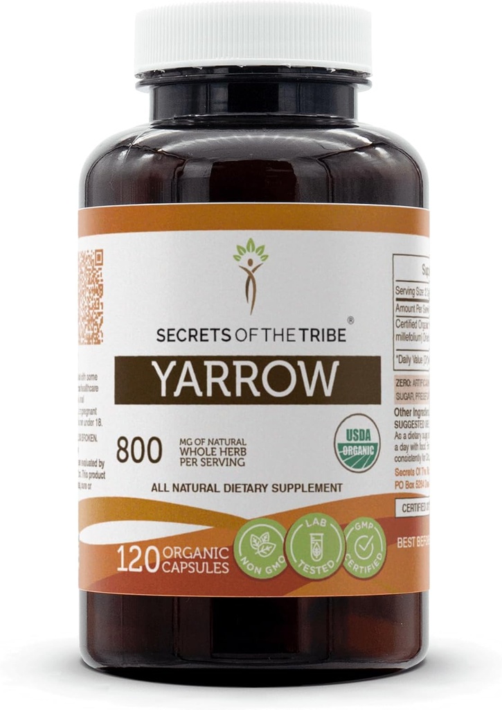 Hemmeligheder af Tribe Yarrow USDA Organic Measures 124; Lavet med vegetariske kapsler og Certified Organic Yarrow (Achillea millefolium) Tørret blad og blomst (120 Kapsler)