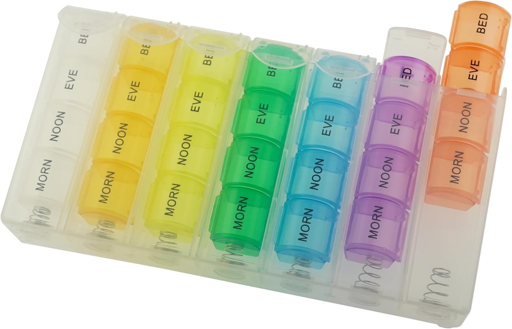 Pop Up Weekly Pill Organizer 4 Times A Day — Large Travel Pill Case w/ 28 Compartment to Hold Medication, Vitamin & Supplement — Daily Pill Box 7 Day — Moisture-Resistant Large Medicine Cases