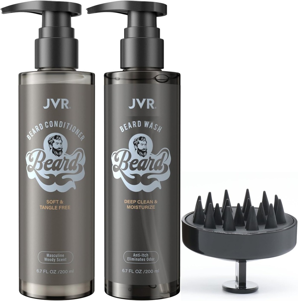 JVR Beard Wash and Beard Conditioner til mænd, Beard Shampoo Cleanse og Reduces Frizz, Softe & Styrker, Organisk med kokos, Aloe, Giver shine til tørre & Coasure Beards, Beard Care (6.7oz)