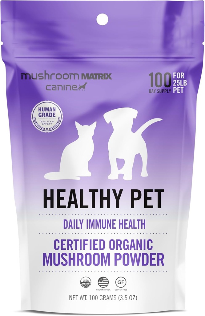 Om champignon Matrix Pet - Canine Matrix 124; Sund Pet Matrix 124; USA Grown Human- Grade Organic Mushroom Powder Pet Supplement Matrix 124; Daglig funktionel immunforsvar til hunde & katte Matrix 124; 100 Bedste, 3,5 oz