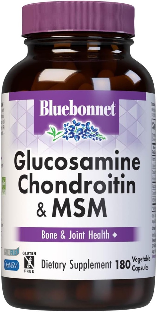 Bluebonnet Nutrition Glucosamin Chondroitin Plus MSM, Glucosamin, Chondroitin Sulfate, C-vitamin & OptiMSM, Bone & Joint Health, Non GMO, Gluten Free, Soy Free, Milk Free, 180 Vegetabilske kapsler