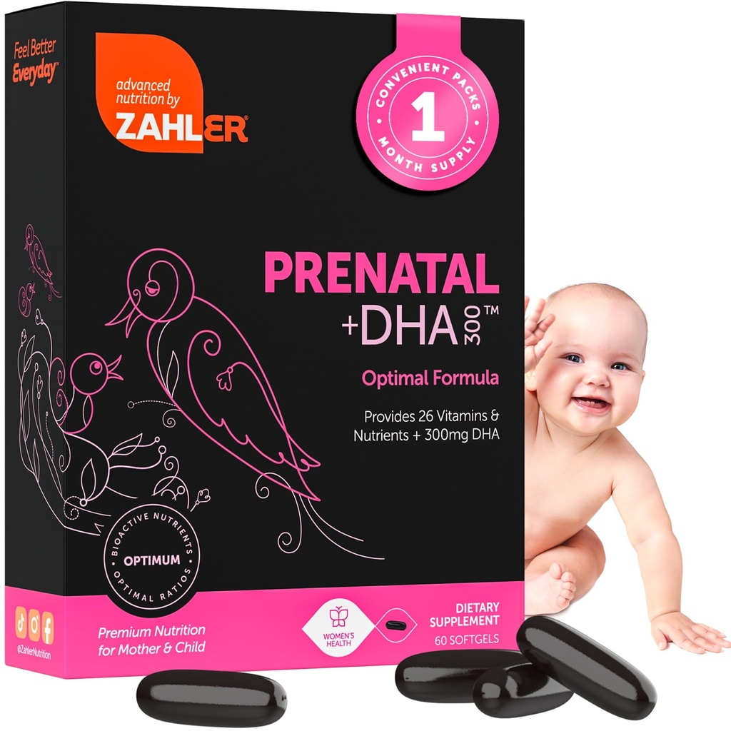 Zahler Prenatal Vitamin med DHA & Folate - DHA kosttilskud & Prenatal Multivitamin til mor og barn - Kosher Prenatal DHA Prenatal Vitaminer med jern, Pre Natal Softgels 60 Greve