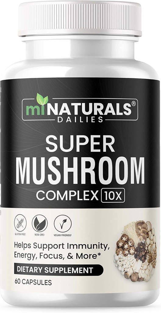 MINATURALS Mushroom Complex Capsule - Lions Mane, Reishi, Cordyceps, Chaga, Tyrkiet Hale, Maitake - Supplement Real Fruiting Body - 10 i 1