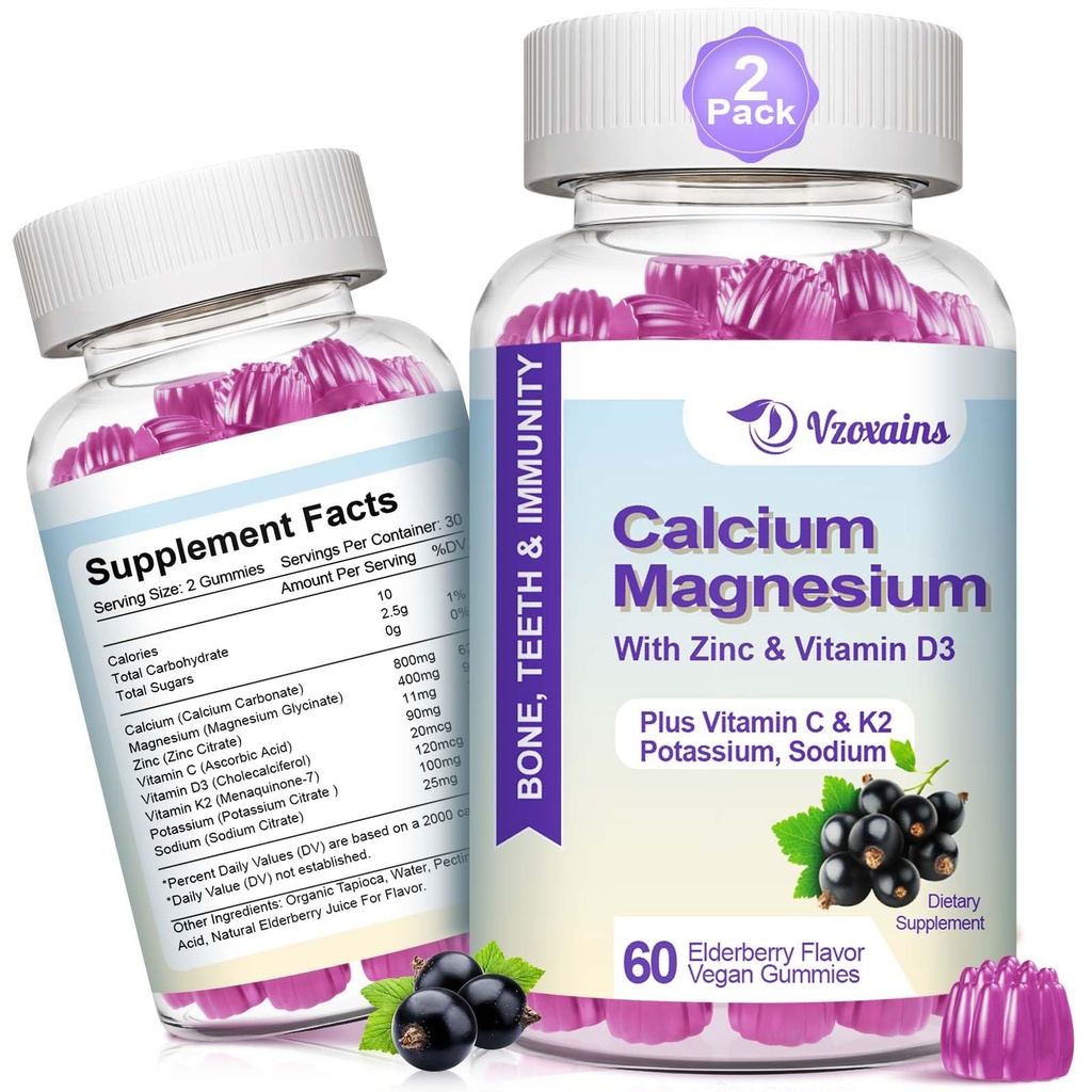Høj Absorption Calcium Gummier, Sukker Free Calcium Magnesium tillæg med Kalium Vitamin D3 til B0ne & Tandstyrke, Muskelfunktion - Vegan, Elderberry Flavor 120 Cts