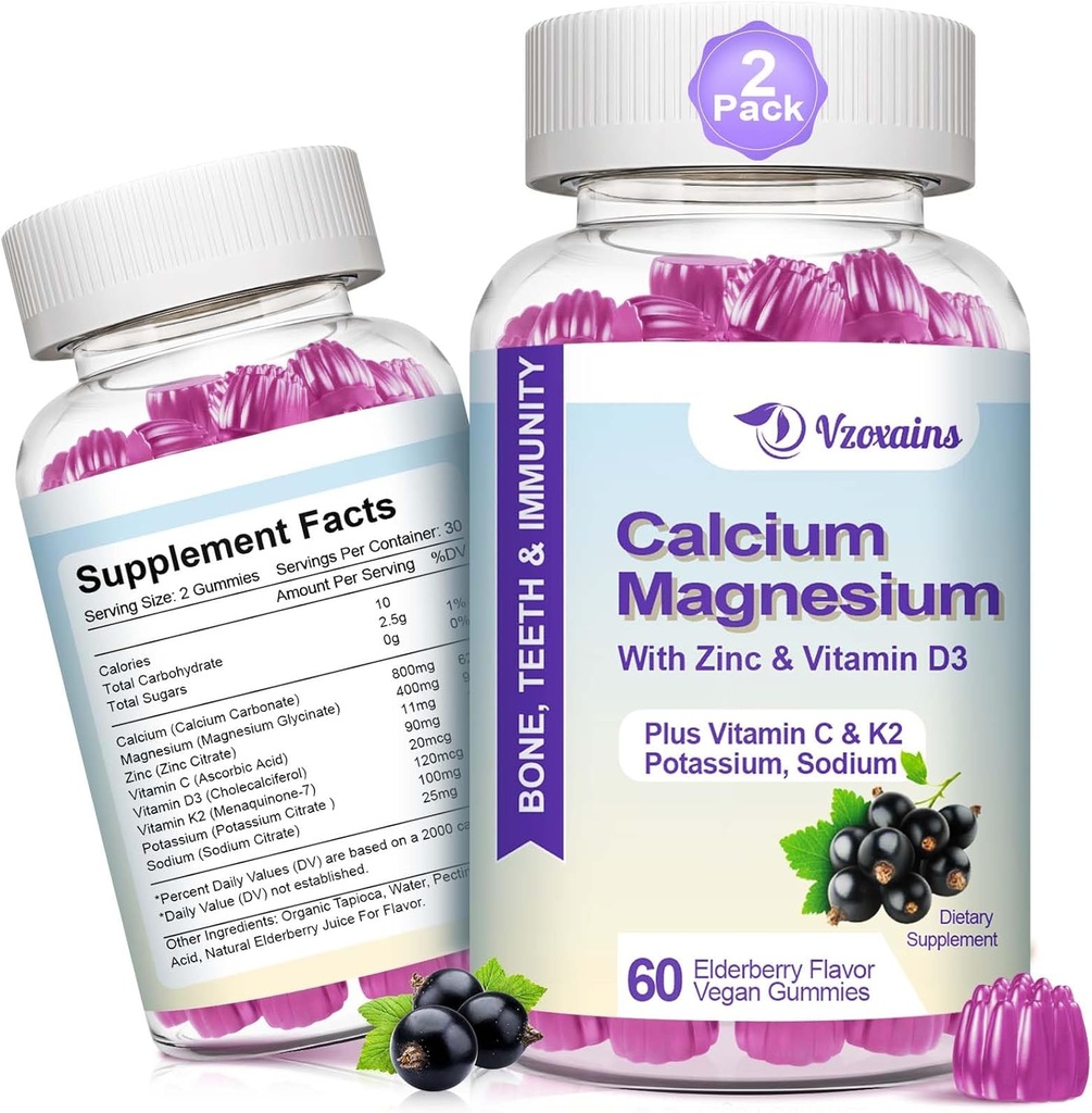 Høj Absorption Calcium Gummier, Sukker Free Calcium Magnesium tillæg med Kalium Vitamin D3 til B0ne & Tandstyrke, Muskelfunktion - Vegan, Elderberry Flavor 120 Cts