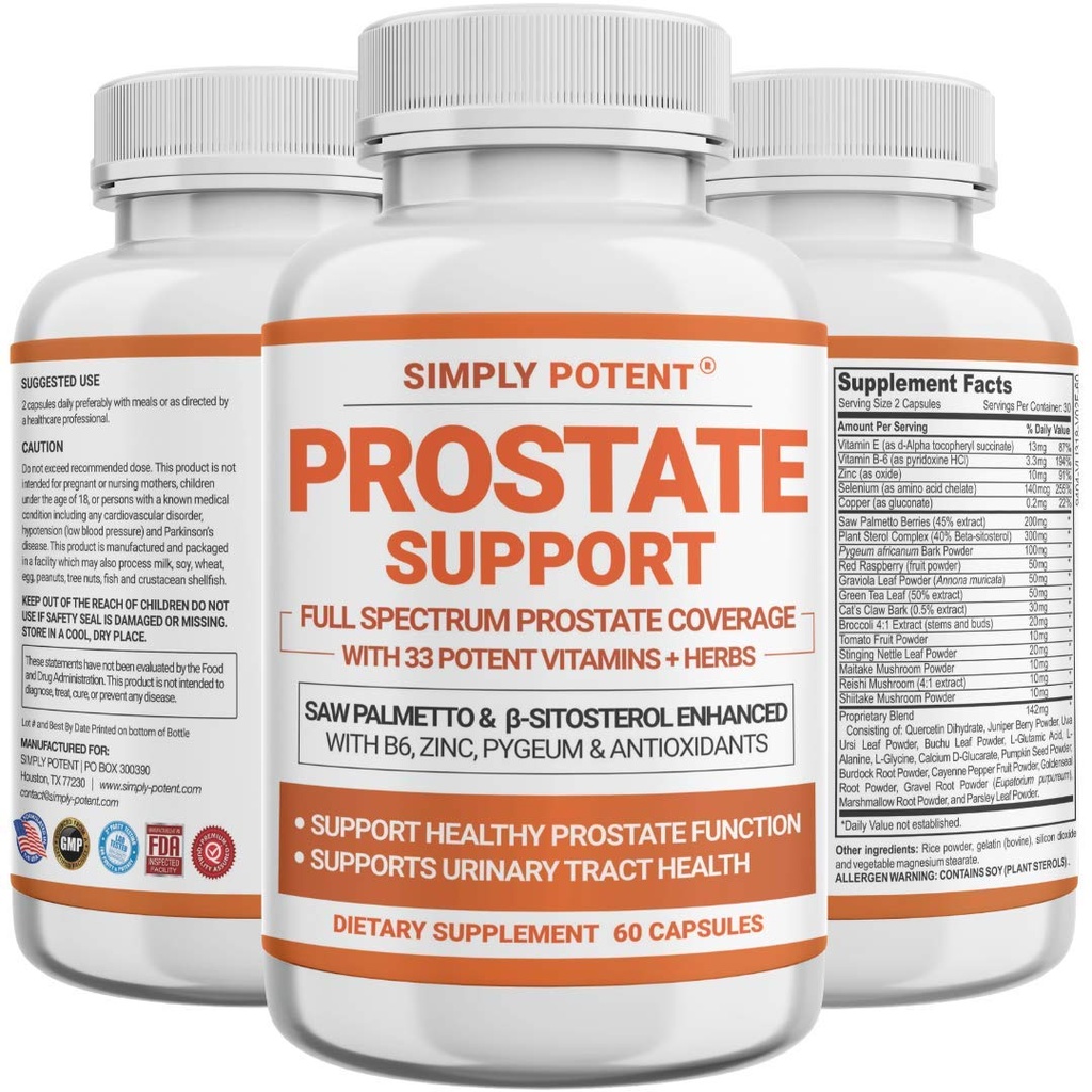 Prostata Kosttilskud til mænd, Saw Palmetto Prostata Health Support w / 33 Vitaminer & urter - Beta sitosterol Plus B6, Selen & Zink til sund vandladning Frekvens & Flow & Korrekt søvn (60 kapsler)