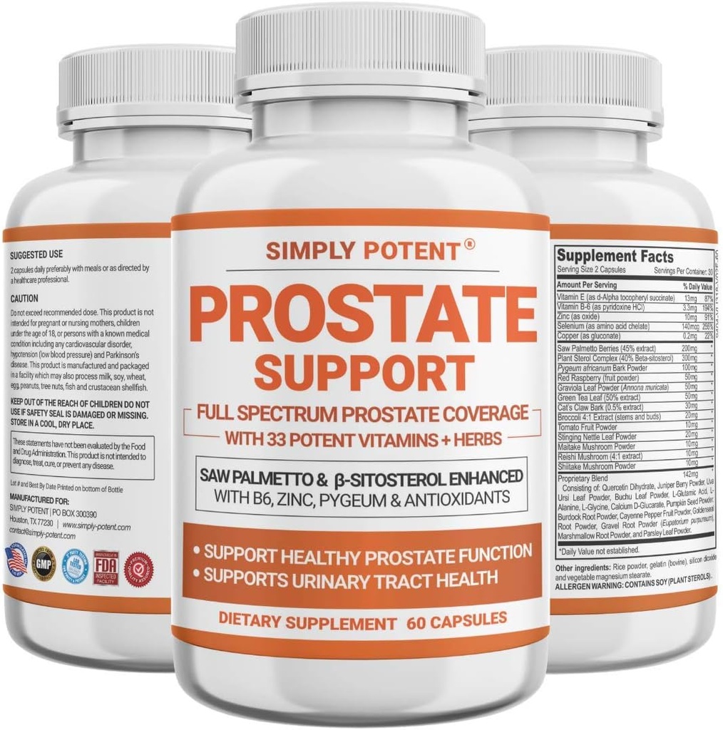 Prostata Kosttilskud til mænd, Saw Palmetto Prostata Health Support w / 33 Vitaminer & urter - Beta sitosterol Plus B6, Selen & Zink til sund vandladning Frekvens & Flow & Korrekt søvn (60 kapsler)