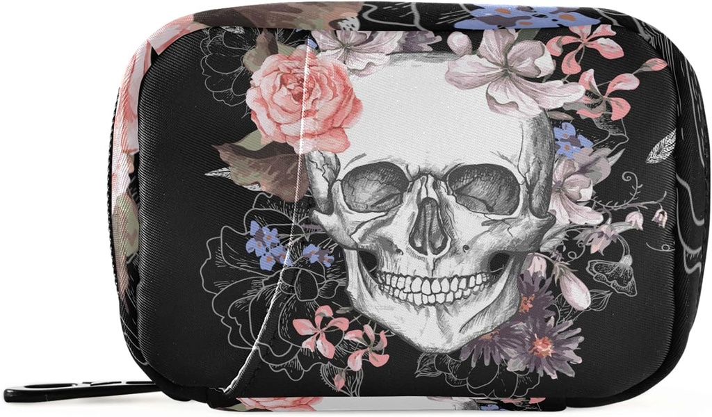 Naanle Watercolor Flower Skull Pill Box 7 Dag Pill sag Rejse Pill Organizer Bag med lynlås Portable ugentlige sag Kompakt størrelse for vitamin supplement Holder