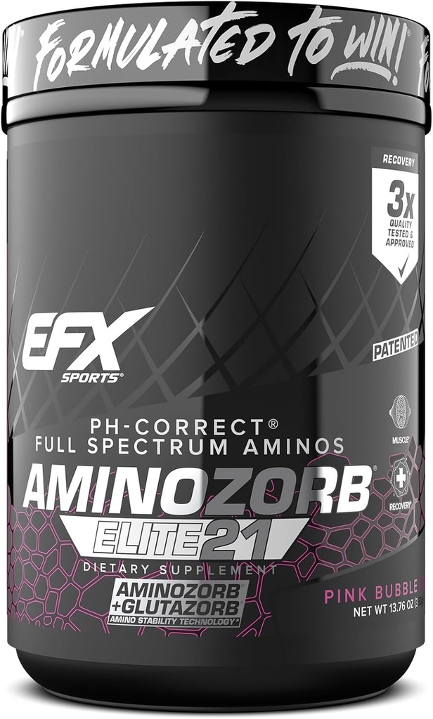 EFX Sports Aminozorb Elite 21 Yep 124; PH- Correct, Full Spectrum Aminos + Glutamine Yep 124; Essential & Non Essential Aminos Yep 124; Zero Sugars Yep 124; 30 Servere (Pink Bubblegum)