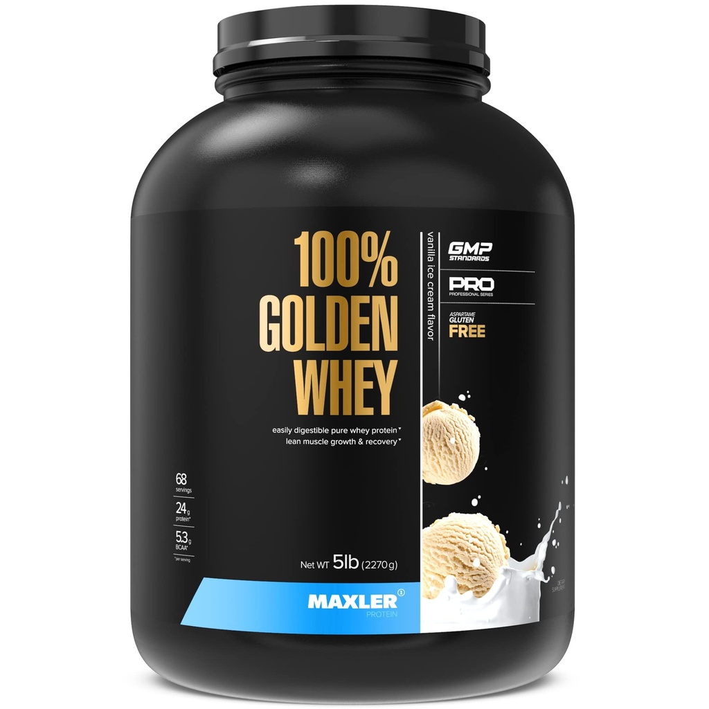 Maxler 100% Golden Whey Protein - 24g protein per servering - Premium Whey Protein Powder for Pre Post Workout - Fast- Absorbing Whey koncentrat, Isolere & Hydrolysate Blend - Vanilla Ice 5 LB