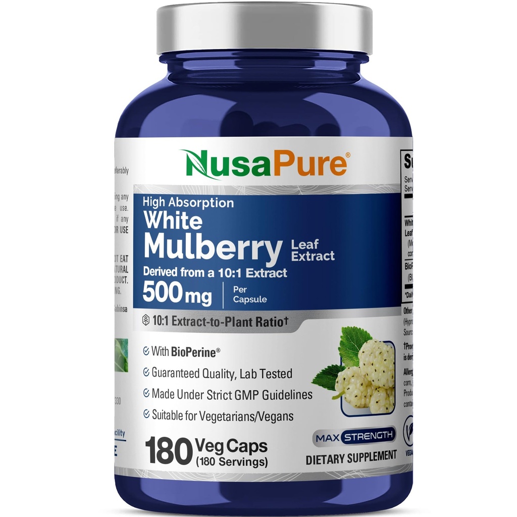 NusaPure White Mulberry Leaf Extract 10: 1 Extract, 500 mg Tilsvarende 5000mg 180 Veg Caps (Vegan, Non GMO Bioperine)