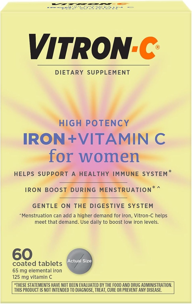 Vitron-C Iron Supplement for Women with Vitamin C, for Red Blood Cell Production & Immune Support, 60 Count