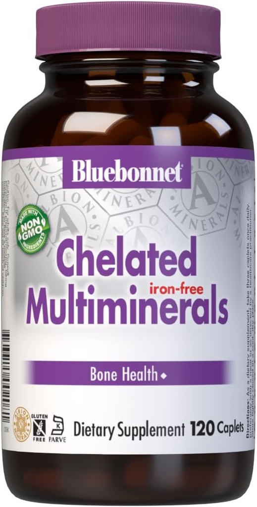 Bluebonnet Nutrition High Potency Chelated Multimineraler (Iron- Free), Albion Chelated Minerals, Soy- Free, Gluten- Free, Non- GMO, Kosher Certified, Dairy- Free, 120 Caplets, 40 Servere