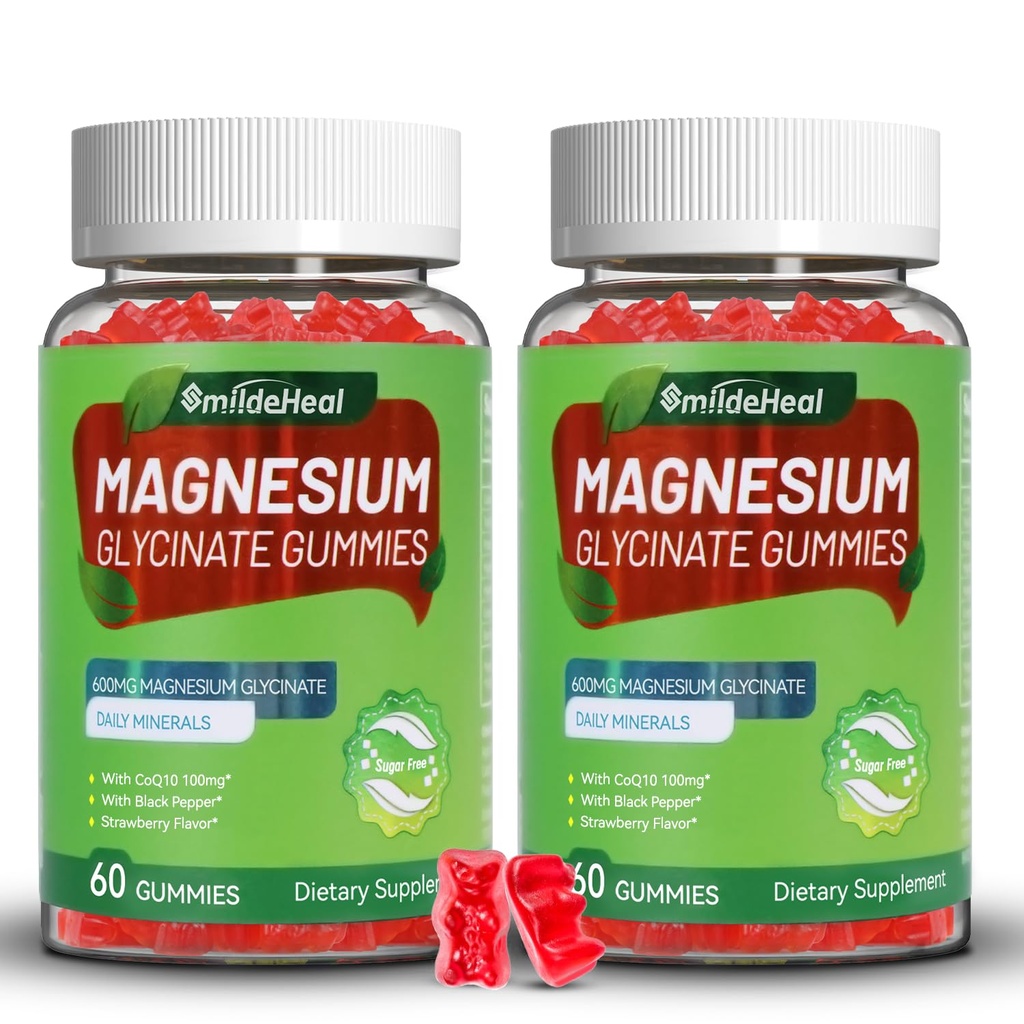 Magnesium Glycinat Gummies 600mg, Magnesium Gummies for Women & Men, med Magnesium L- Threonate 300mg, CoQ10 og Black Pepper, Vegan (120 Tæl)