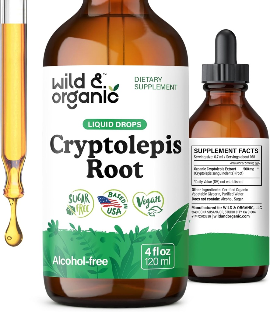 Wild & Organic Cryptolepis Tinktur - Urtedråber til Detox & immunforsvar - 2-måneders levering - Flydende Cryptolepis Root Extract Drops - Vegan, Sukker & Alkohol- Free - 4 fl oz