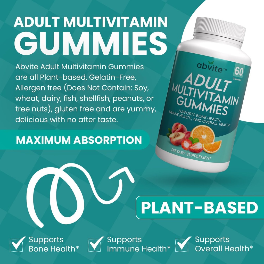 Plante- baserede Multivitamin Gummies, Daglige multivitaminer til mænd og kvinder med vitaminer A, C, D, E, B-3, B-6, B-12, Biotin, inositol, non-GMO, gluten fri, 60 Greve (30 dages forsyning)