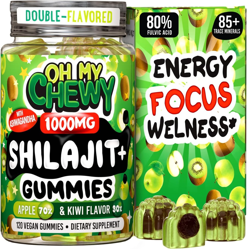 Pure Himalayan Shilajit Gummies - High Potency Gold Grade Resin - Energi Boost og immunforsvar for mænd og kvinder med Ashwagandha og Shatavari - 120 Gummy - Apple & Kiwi