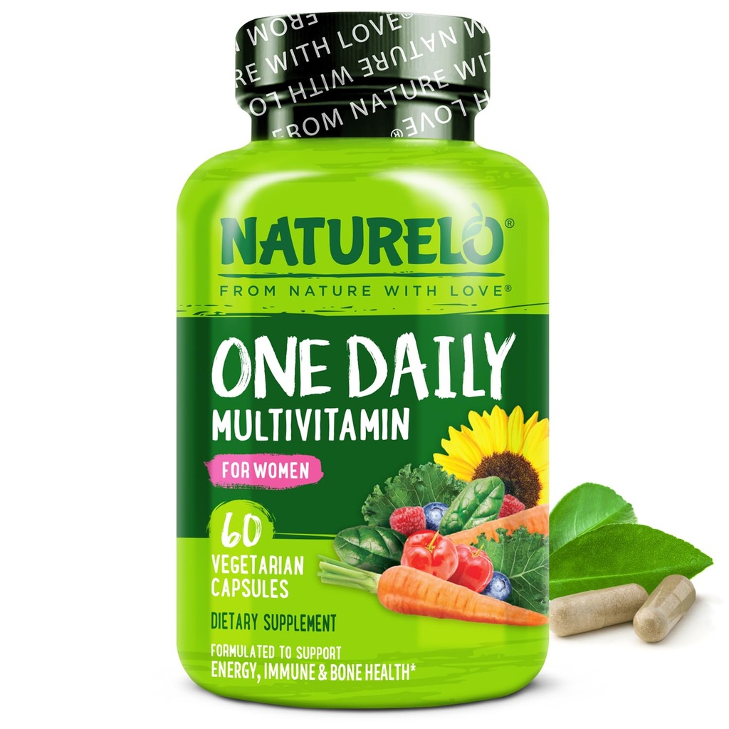 NATURELO Et dagligt multivitamin til kvinder w / vitamin B12, 60 Ct, energistøtte, hele fødevarer Daglige kvinder Multivitamin supplement, nærende hår / hud / negl, non-GMO, No Soy, Gluten Free, 2 Måned Supply