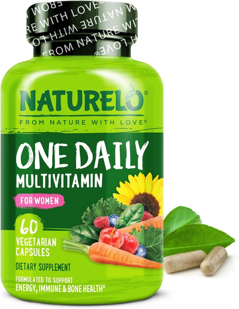 NATURELO One Daily Multivitamin for Women w/Vitamin B12, 60 Ct, Energy Support, Whole Food Daily Women Multivitamin Supplement, Nourish Hair/Skin/Nail, Non-GMO, No Soy, Gluten Free, 2 Month Supply