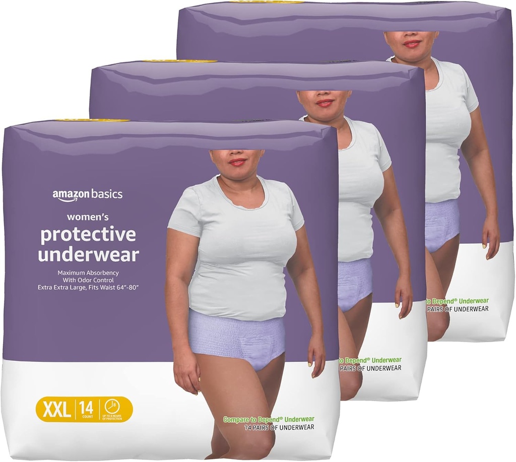   Basics Incontinence Underwear for Women, Protective, Disposable, Postpartum, Maximum Absorbency, XX-Large, Lavender, 42 Count (3 Packs of 14)