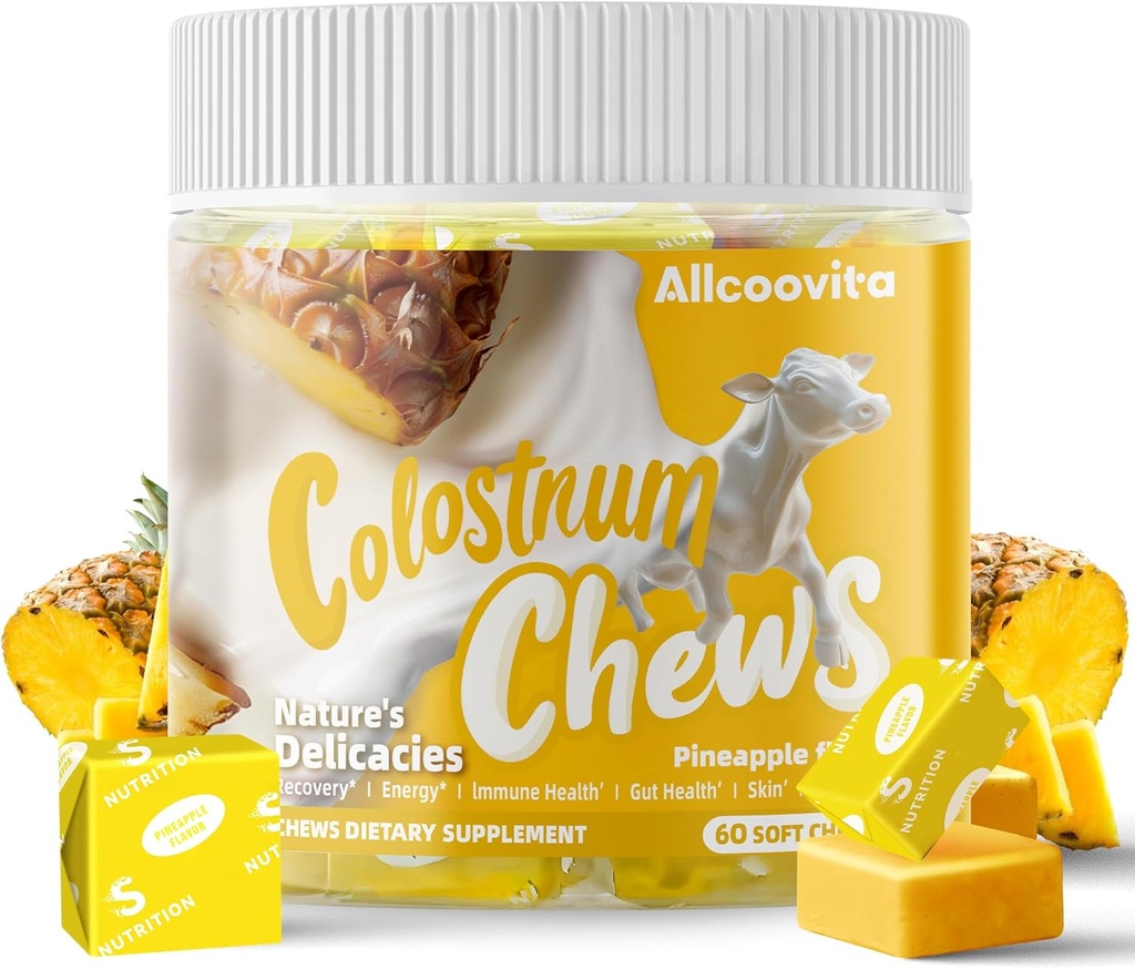 Bovin Colostrum Chews Supplement med probiotika til Gut Sundhed, Bloating, immunforsvar, hud, hårvækst og skønhed - Ananas Arv (60 Servere)