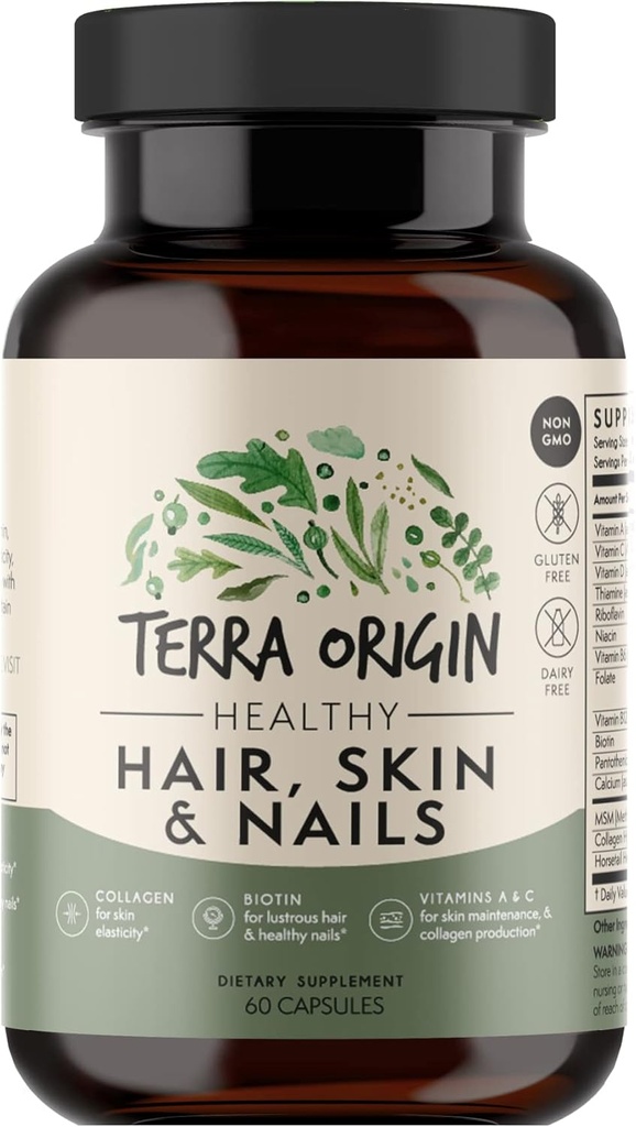 TERRA OPRINCIN Sund hår, hud og negle Supplement: 124; kollagen, biotin, hestehale & B- Complex; 124; understøtter hårstyrke, hudelasticitet & nail vækst: 124; vitaminer til kvinder og mænd; 124; 60 kapsler
