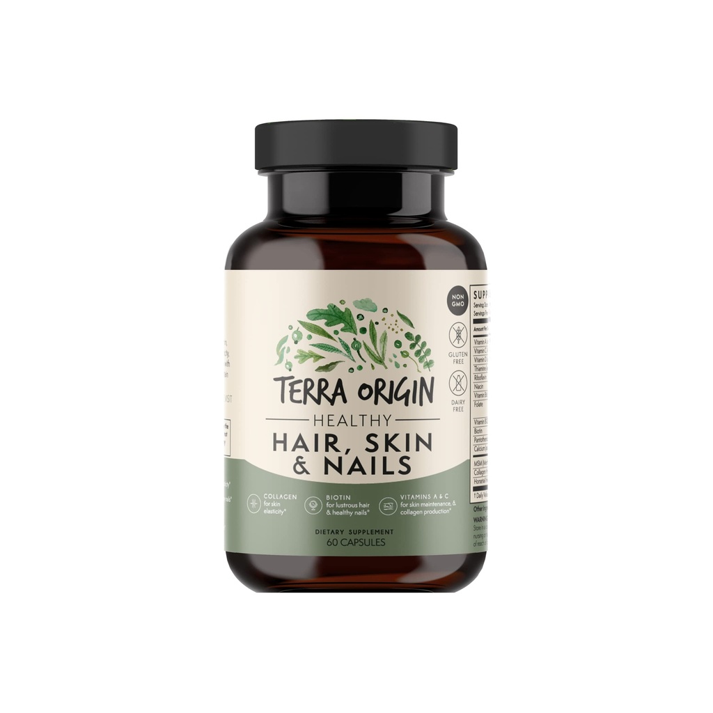 TERRA OPRINCIN Sund hår, hud og negle Supplement: 124; kollagen, biotin, hestehale & B- Complex; 124; understøtter hårstyrke, hudelasticitet & nail vækst: 124; vitaminer til kvinder og mænd; 124; 60 kapsler