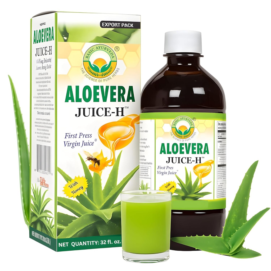 BASIC AYURVEDA Aloe Vera Juice med Honey 32.46 Fl Oz (960ml) Beeg 124; Understøtter fordøjelsessundhed, hydrering & hud wellness Beeg 124; Cold Pressed Herbal Juice Beeg 124; Natural Cleanse Beeg 124; Ingen tilsat sukker