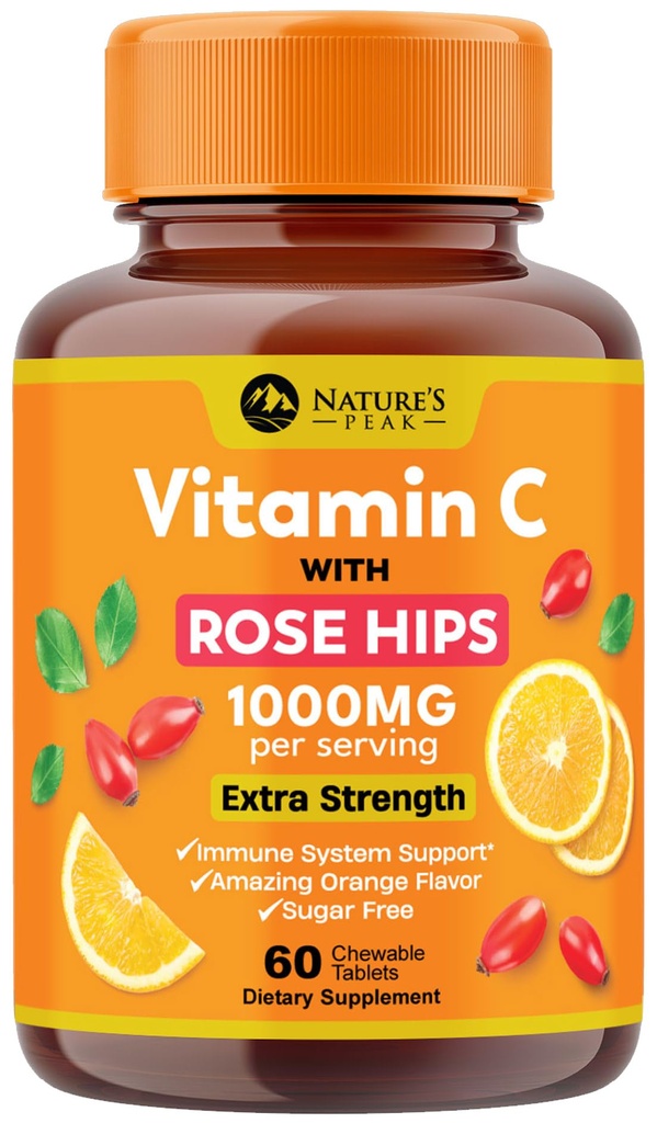 Vitamin C 1000mg tyggetabletter - ekstra styrke immunstøtte C Kosttilskud med Rose HIPS, Naturens Vitamin C Antioxidant Support, Natural, Vegan, Orange Flavor - 60 tabletter