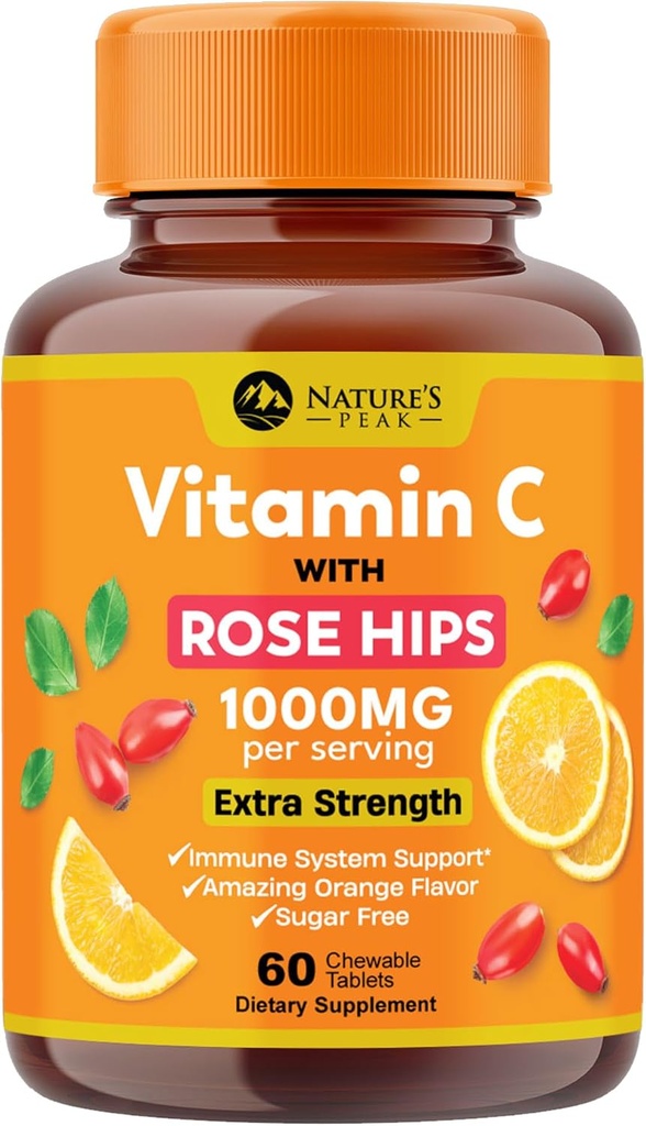Vitamin C 1000mg tyggetabletter - ekstra styrke immunstøtte C Kosttilskud med Rose HIPS, Naturens Vitamin C Antioxidant Support, Natural, Vegan, Orange Flavor - 60 tabletter