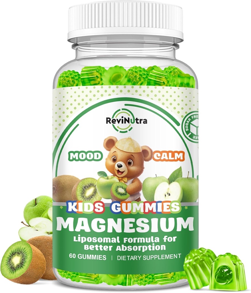 Liposomal Kids Magnesium Gummies- Magnesium Glycinate Gummies for Kids Supplement- w / Omega-3, Vitamin B6, D3- Support Calm Stress Relief, Bones, Mood, Green Apple & Kiwi Flavor, 60 Count