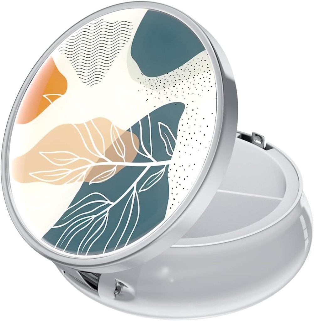 Rouidr Pill Box, 3 Segment Medicine Pill Case, Lille Metal Travel Medicine Box for Purse & Pocket, Sølv, Abstract Boho Leaf