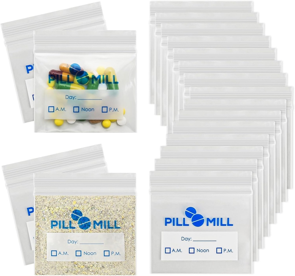 Pill Bag Count - Størrelse 3 "X 2" 3 Mil - Plastic Pill Organizer Tasker - Lille Pocket Pill Baggies - Rejse Pill Pouch- Daglige AM PM Medicine Storage Pouches - Låsning Pill Carrier Container (100- Pack)