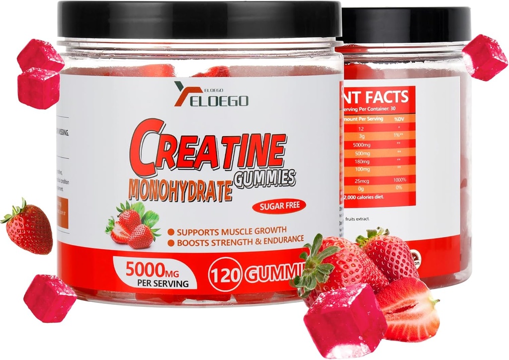 Creatin monohydrat gumies 5000mg sukker fri for mænd og kvinder, med L- Taurine + vitamin B12 for muskel styrke, muskel builder, energi boost, præ-workout supplement, jordbær, 120 Tæl