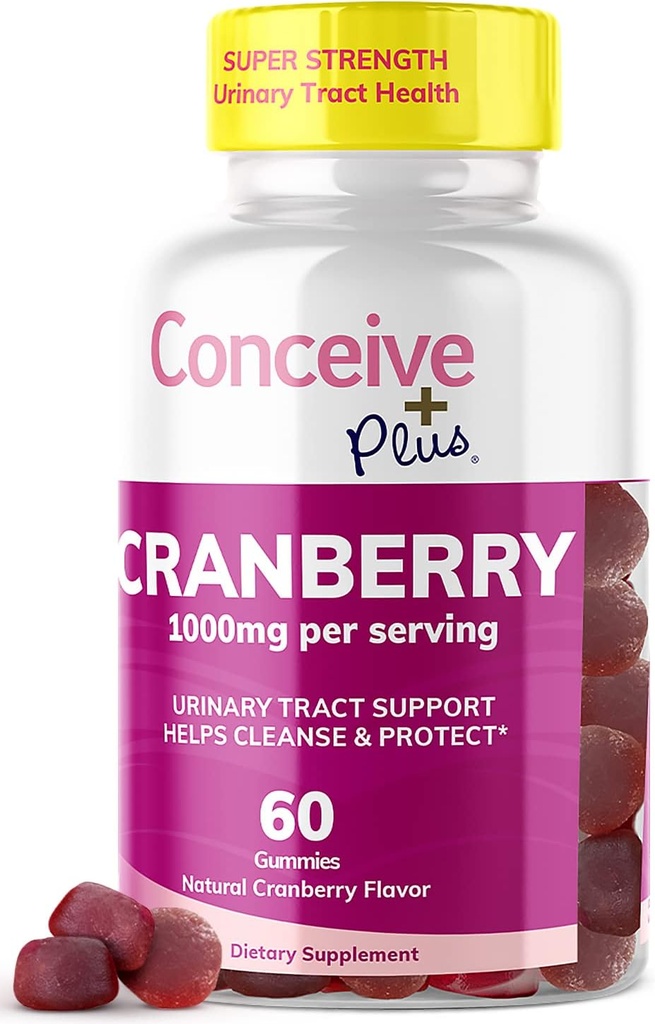 CONCEIVE PLUS Cranberry Gummies - 1000 mg Strength Cranberry Gummy Vitamin, Urinary Health, 60 Gummy Count, 30 dages forsyning