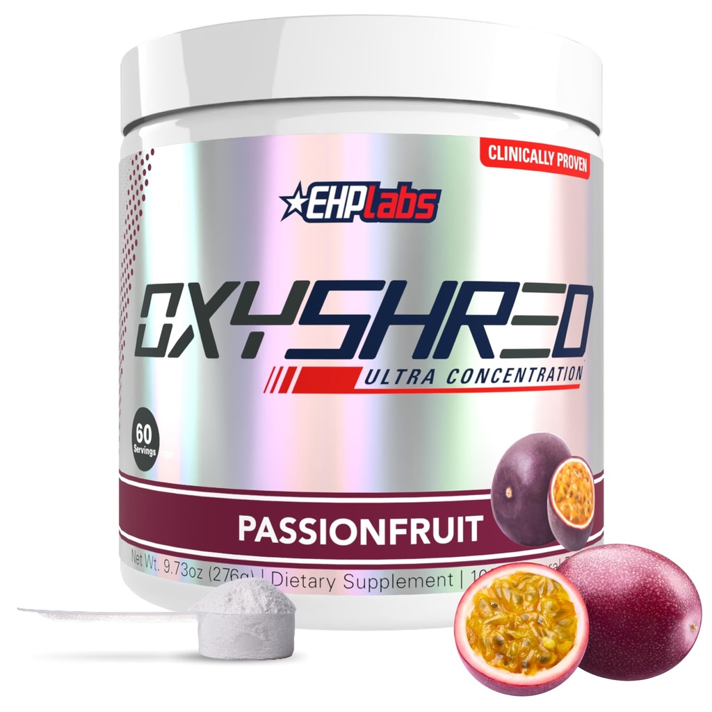 EHP Labs Oxyshred Pre Workout Powder & Shredding Supplement - Preworkout Powder with L Glutamin & Acetyl L Carnitin, Energy Boost Drink - Passionfruit, 60 Servering