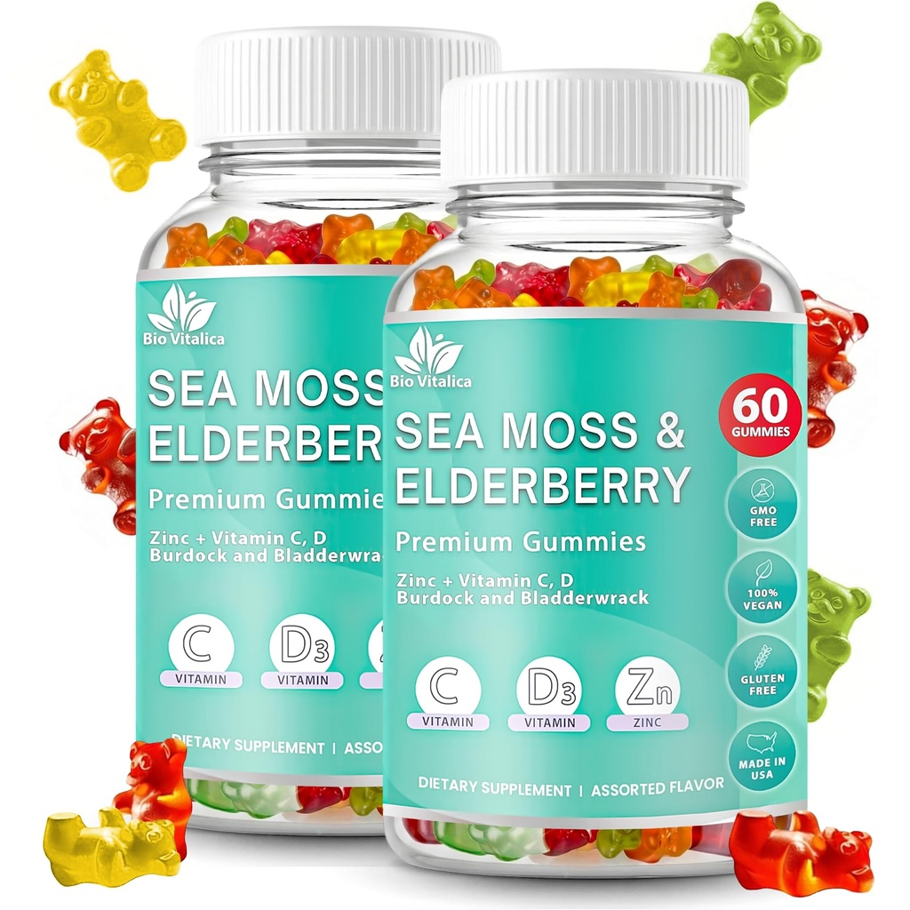 BIO VITALICA Sea Moss Gummies Elderberry BioVitalica - Vitamin C D + Zink - Irish Seamoss Vegan Gummy med Sea Moss Gel & Powder for Immunity, Detox - for voksne og børn (2Packs)