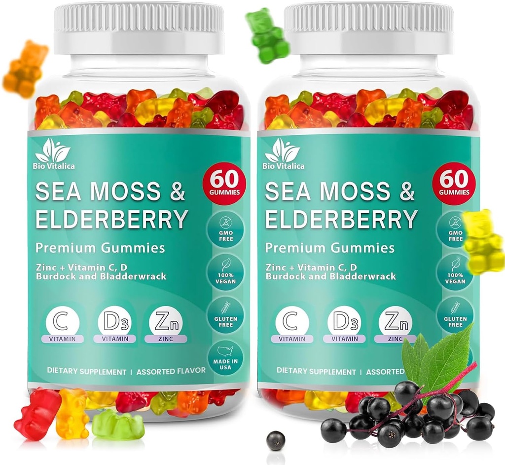 BIO VITALICA Sea Moss Gummies Elderberry BioVitalica - Vitamin C D + Zink - Irish Seamoss Vegan Gummy med Sea Moss Gel & Powder for Immunity, Detox - for voksne og børn (2Packs)
