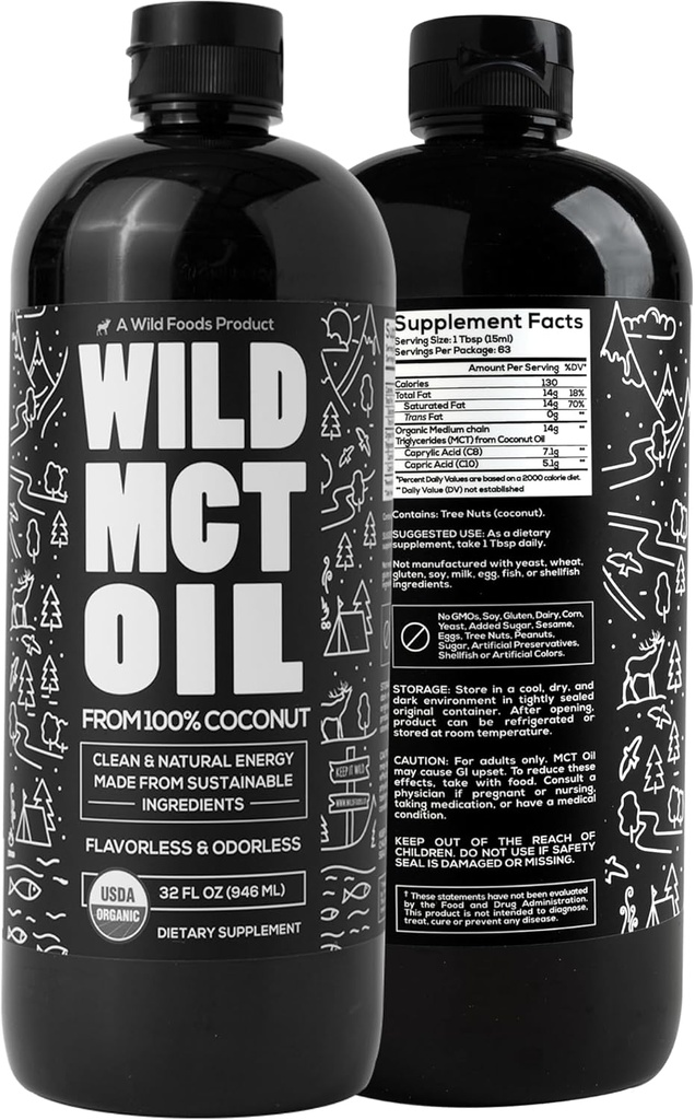 Wild MCT Oil Organic Coconut - 32 fl oz - fra 100% Natural Coconut - Flavorless & Odorless C10 / C8 MCT Olie til energi og kognitiv support - Keto-Friendly - Perfekt til kaffe, shakes og opskrifter