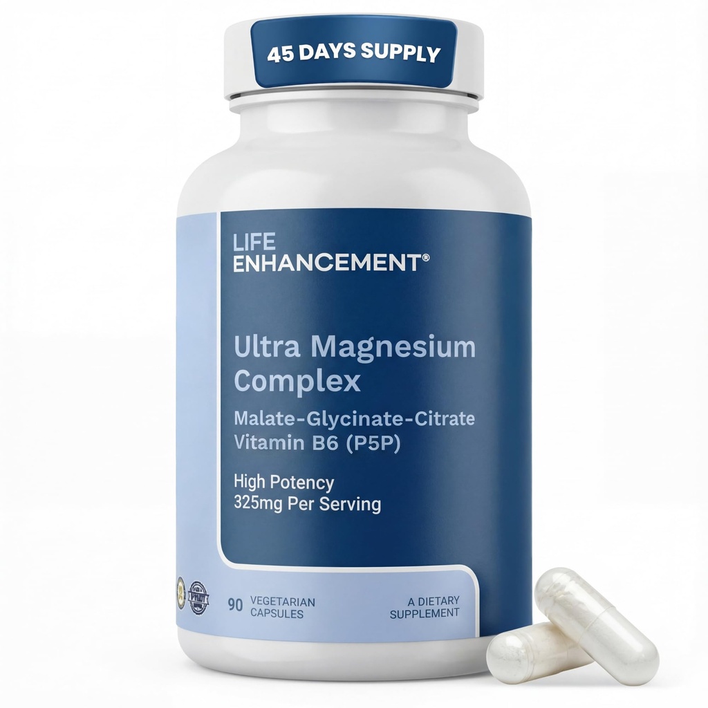 Life Enhancement Ultra Triple Magnesium Complex for kvinder og mænd med Glycinate, Malat og Citrat - Magnesium supplement Enhance Sleep og Brain Function - Made in USA (90 Vegetariske kapsler)