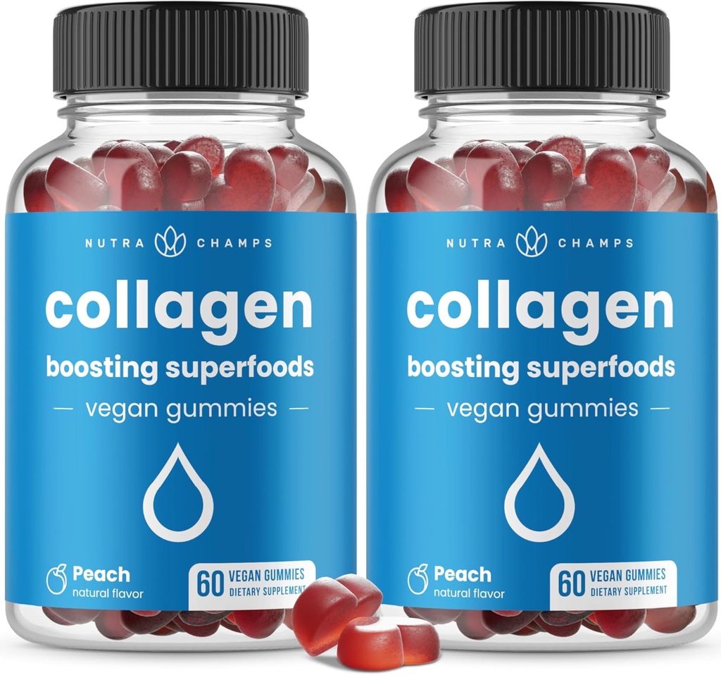 NutraChamps Collagen Boosting Gummies, Collagen Booster Gummy for Natural Collagen Production, Vegan Pectin Kosttilskud Chews for Women & Men, 60 Peach Gummies (pakke med 2)