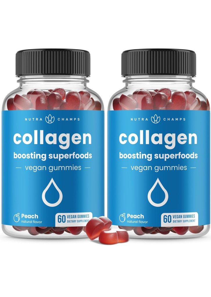 NutraChamps Collagen Boosting Gummies, Collagen Booster Gummy for Natural Collagen Production, Vegan Pectin Kosttilskud Chews for Women & Men, 60 Peach Gummies (pakke med 2)