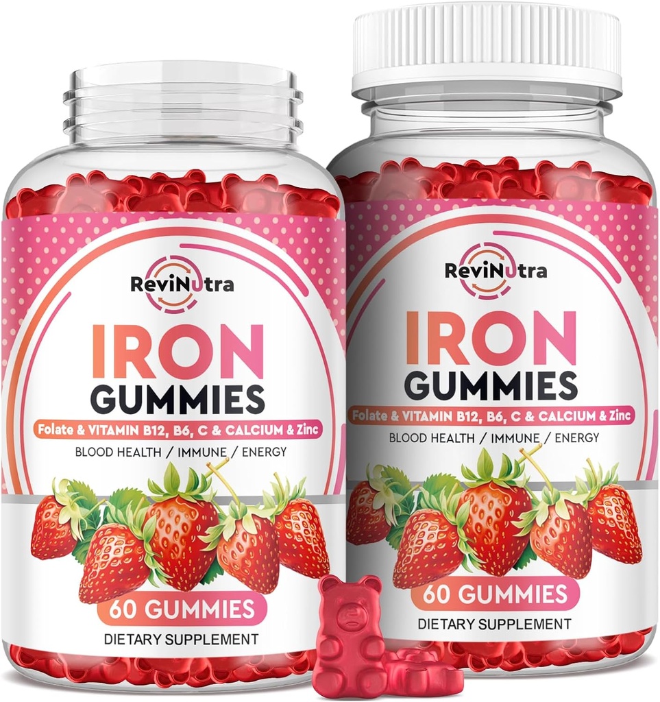 Iron Gummies - med Calcium, Zink, Folate & Vitamin B12, C, B6 for voksne & Børn - Blood Builder & Energy Support for Iron Deficiency, Anæmi, Vegan - 2 Pack Strawberry Flavour, 60 Gummies