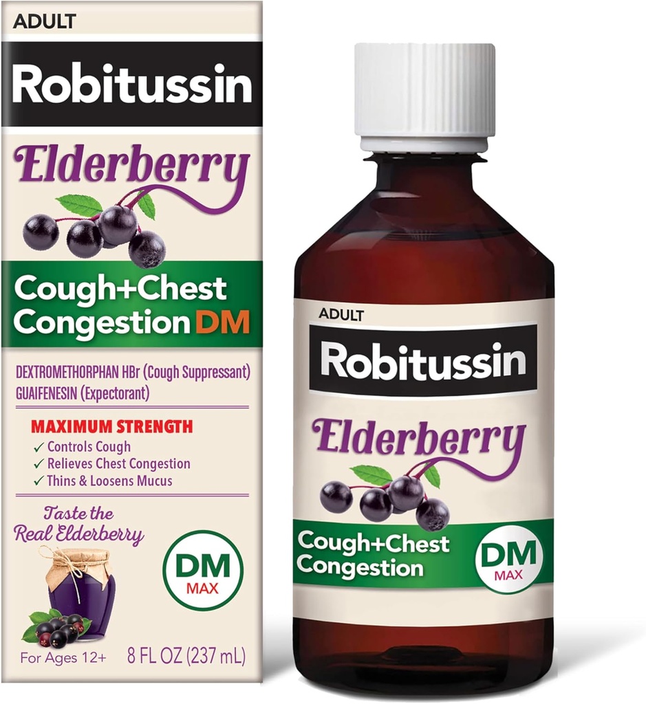 Robitussin Maksimal styrke Elderberry Cough Plus Bryst Congestion DM, Host Suppressant for voksne, Lettelse af flydende hoste og Bryst Congestion - 8 Fl Oz