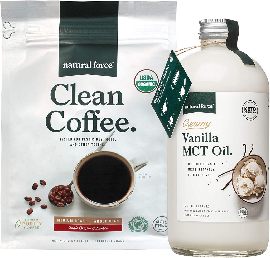 Natural Force Organic Clean Coffee + Creamy Vanilla MCT Oil Bundle – Flavored MCT Creamer & Mold & Mycotoxin Free Coffee – Non-GMO, Keto, Paleo, and Vegan - 12 Oz Bag and 16 Oz Glass Bottle