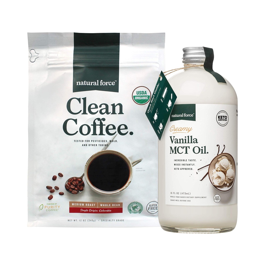 Natural Force Organic Clean Coffee + Creamy Vanilla MCT Oil Bundle - Formlet MCT Creamer & Mold & Mycotoksin Free Coffee - Non-GMO, Keto, Paleo, og Vegan - 12 Oz Bag og 16 Oz Glass Flaske
