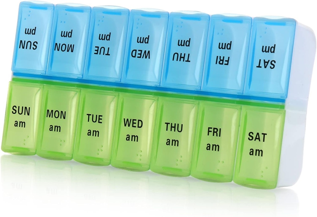 7 Dag Ugentlig Pill Organizer Legitimation Large Daily Pill Organizer 2 gange om dagen, AM PM Pill Case, Day Night Pill Container 7 Dag 14 Kompanter for piller Vitamin Medicin (blå + grøn)