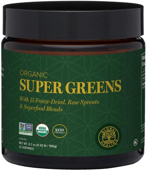 Global Healing Organic Super Green Powder Blend - Green Superfood Powder med 15 rå hele spirer - Lækker grøn Juice Smoothie mix til daglig ernæring - Non-GMO, Gluten- Free Green Kosttilskud