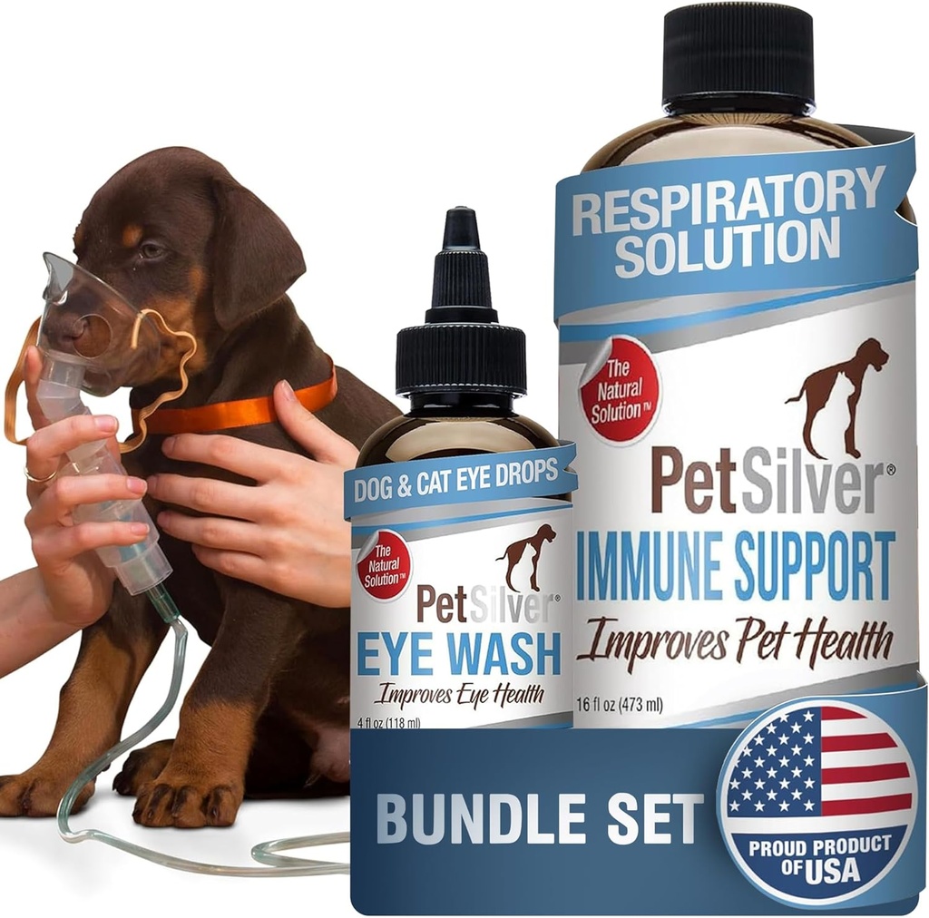PetSilver - immunforsvar (16 fl oz) og Eye Wash (4 fl oz) med Patenteret Chelated Sølv - Allergier, Sinus & Hough Treatment - Eye Cleaner & Tear Stain Remover for katte og hunde - Made in USA