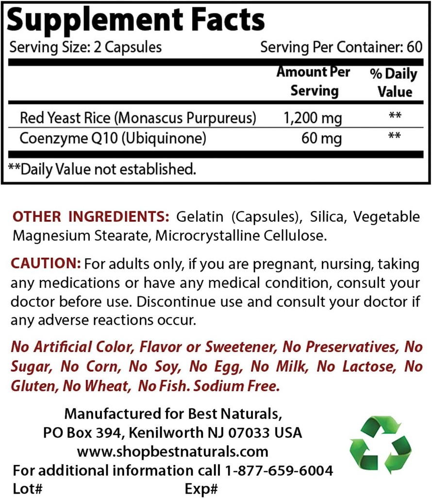 Bedste Naturals Red Yeast Rice med CoQ10 & Niacin 500 mg